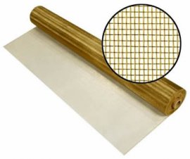 A roll of copper insect screen with an enlarged view of hole in the white background.